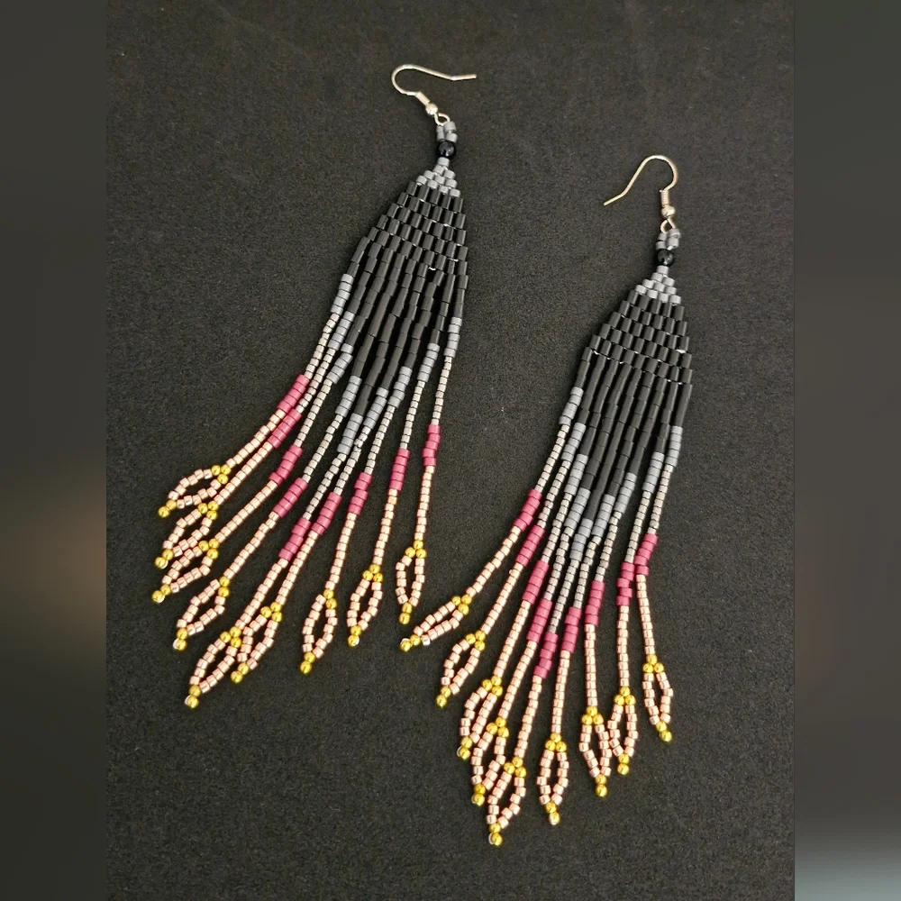 Long multi-colored earrings made of Czech and Japanese beads by hand - Picture 1 of 5